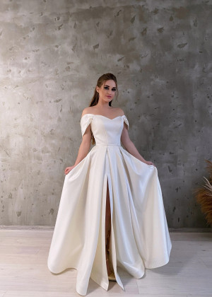 Off Shoulder Ivory Satin High Slit Simple Wedding Dress